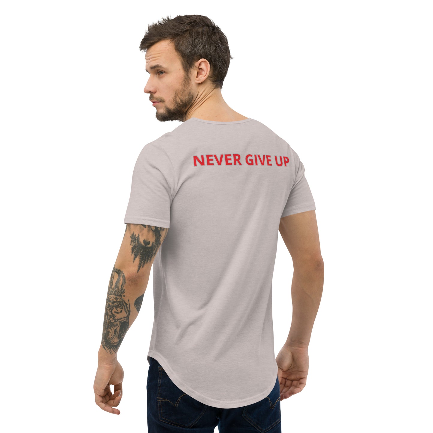 Men's Curved Hem T-Shirt -Red- Never give up
